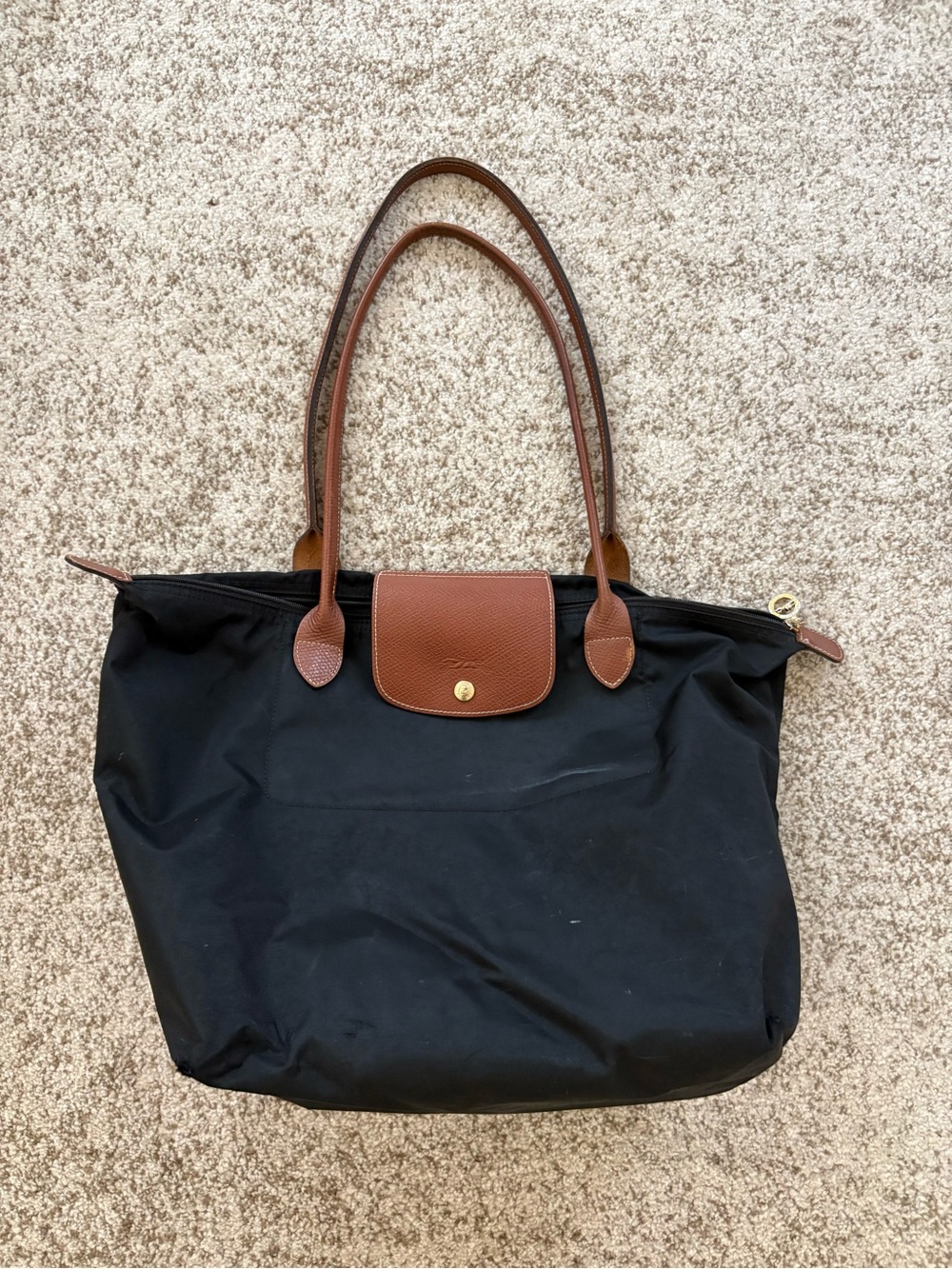 Longchamp Black Nylon Tote with Brown Leather Trim